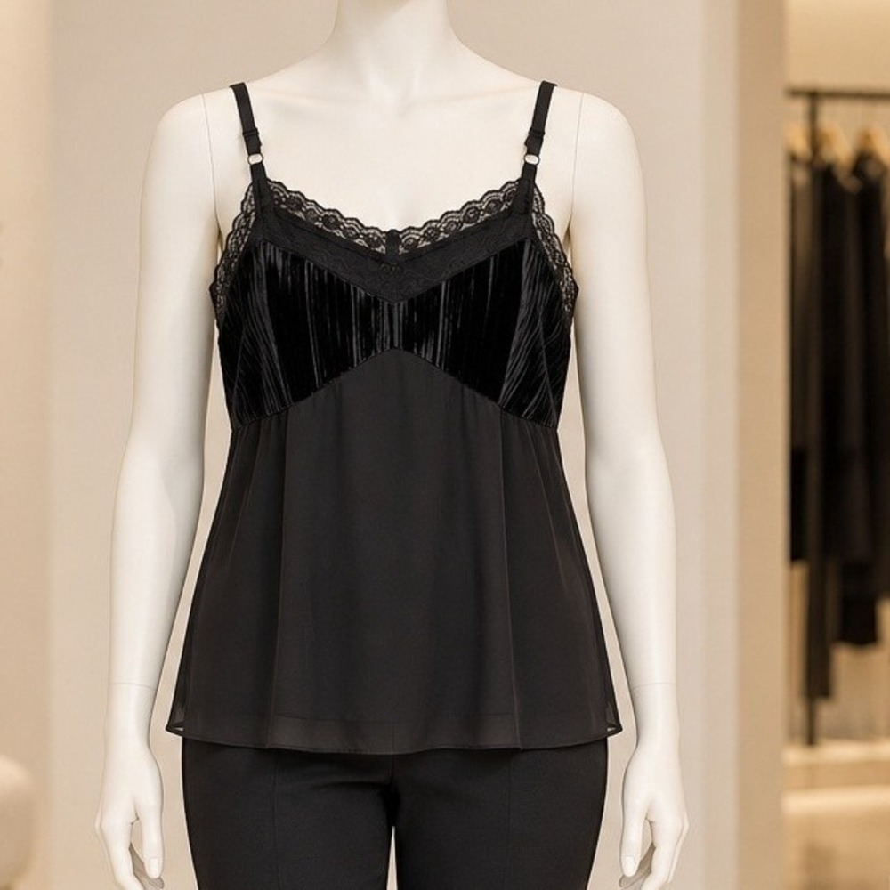 Torrid Womens Camisole Black Pleated Velvet Lace Trim Adjustable Straps 0